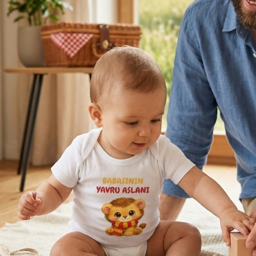 Babasının Yavru Aslanı Baskılı Taraftar Temalı Sarı Kırmızı Aslan Bebek Body Zıbın - %100 Pamuklu