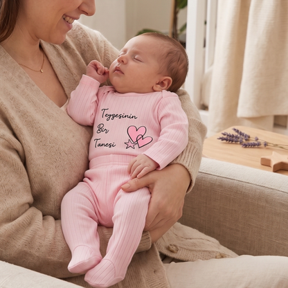 Teyzesinin Bir Tanesi Yazılı Hastane Çıkışı 2 li Bebek Takım Teyze Temalı %100 Pamuk Pembe
