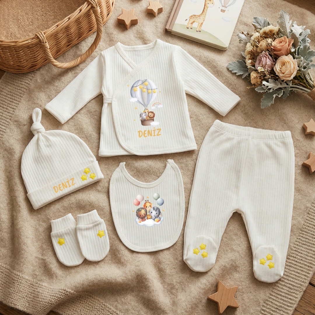 Kişiye Özel İsimli Unisex 5'li Bebek Hastane Çıkış Seti Safari Temalı %100 Pamuk