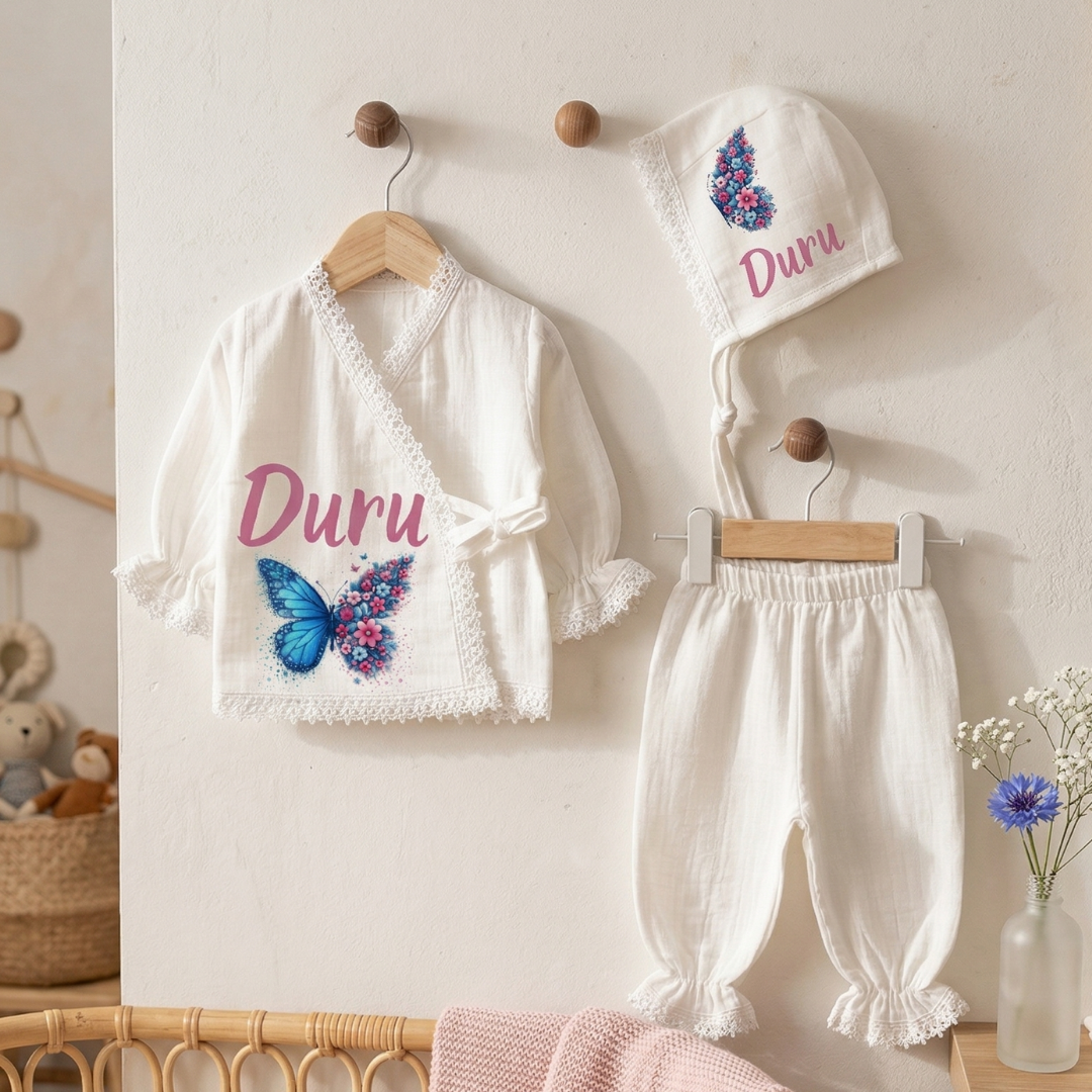 İsimli Kız Bebek Hastane Çıkışı Müslin Set 3 lü