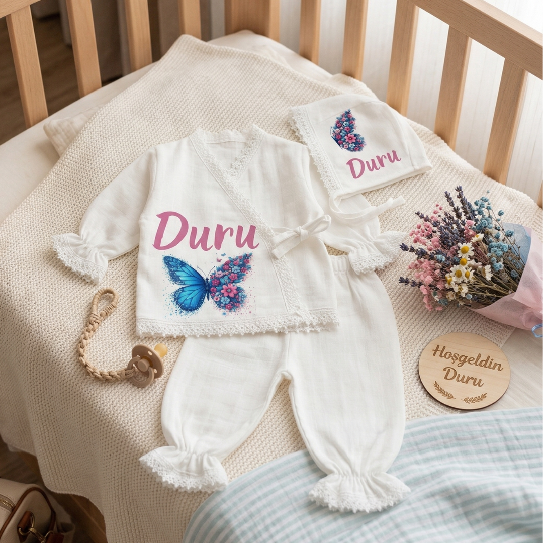 İsimli Kız Bebek Hastane Çıkışı Müslin Set 3 lü