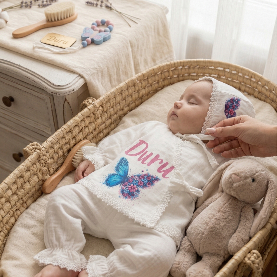 İsimli Kız Bebek Hastane Çıkışı Müslin Set 3 lü