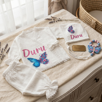 İsimli Kız Bebek Hastane Çıkışı Müslin Set 3 lü