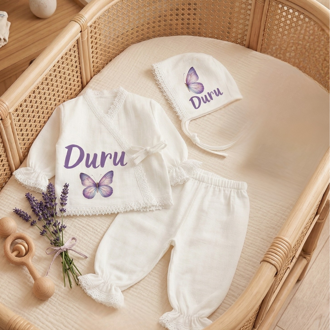 İsimli Kız Bebek Hastane Çıkışı Müslin Set 3 lü