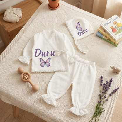 İsimli Kız Bebek Hastane Çıkışı Müslin Set 3 lü