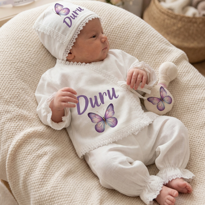 İsimli Kız Bebek Hastane Çıkışı Müslin Set 3 lü
