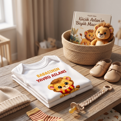 Babasının Yavru Aslanı Baskılı Taraftar Temalı Sarı Kırmızı Aslan Bebek Body Zıbın - %100 Pamuklu