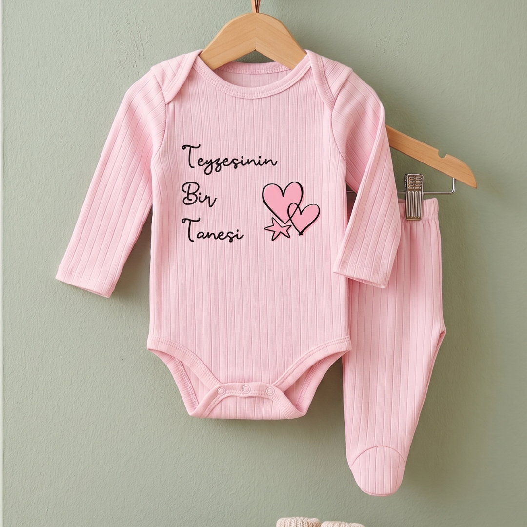 Teyzesinin Bir Tanesi Yazılı Hastane Çıkışı 2 li Bebek Takım Teyze Temalı %100 Pamuk Pembe