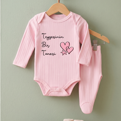 Teyzesinin Bir Tanesi Yazılı Hastane Çıkışı 2 li Bebek Takım Teyze Temalı %100 Pamuk Pembe