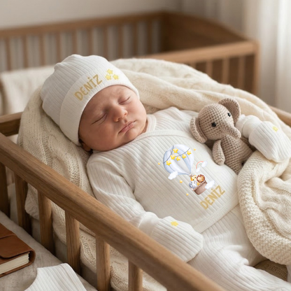 Kişiye Özel İsimli Unisex 5'li Bebek Hastane Çıkış Seti Safari Temalı %100 Pamuk