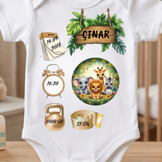 İsimli ve Doğum Bilgili Bebek Hatıra Zıbını Erkek Bebek Safari