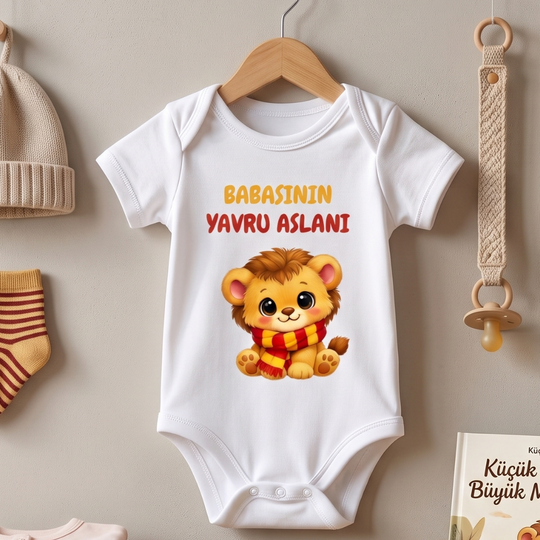 Babasının Yavru Aslanı Baskılı Taraftar Temalı Sarı Kırmızı Aslan Bebek Body Zıbın - %100 Pamuklu