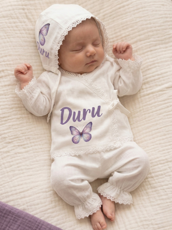İsimli Kız Bebek Hastane Çıkışı Müslin Set 3 lü