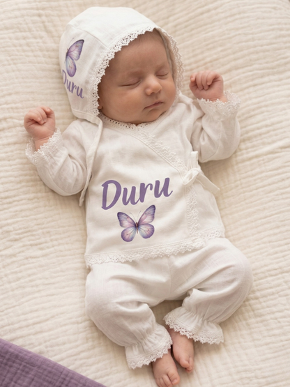 İsimli Kız Bebek Hastane Çıkışı Müslin Set 3 lü