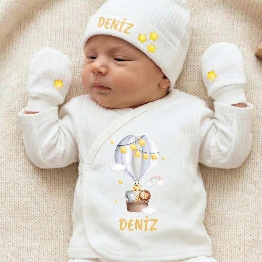 Kişiye Özel İsimli Unisex 5'li Bebek Hastane Çıkış Seti Safari Temalı %100 Pamuk