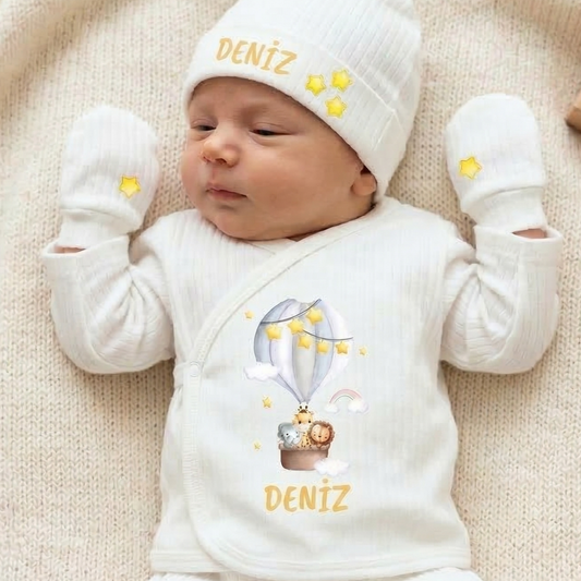 Kişiye Özel İsimli Unisex 5'li Bebek Hastane Çıkış Seti %100 Pamuk