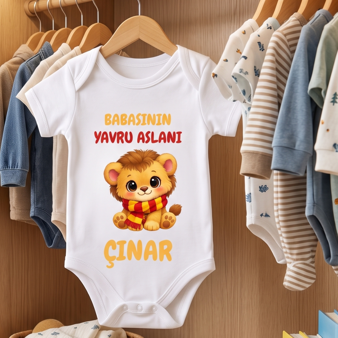 İsimli Babasının Yavru Aslanı Taraftar Temalı Sarı Kırmızı Bebek Body Zıbın