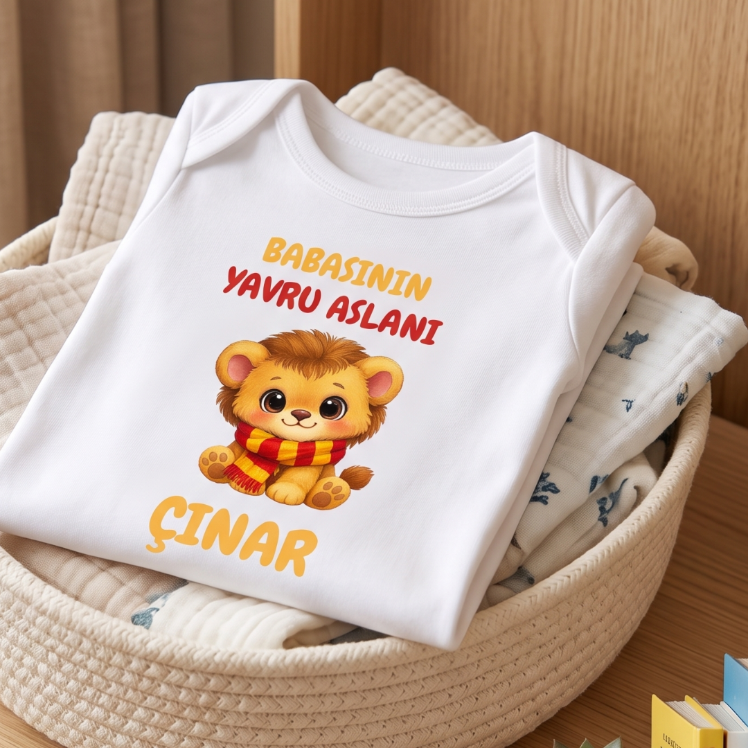 İsimli Babasının Yavru Aslanı Taraftar Temalı Sarı Kırmızı Bebek Body Zıbın