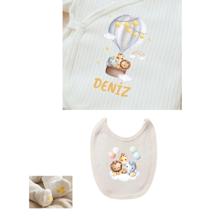 Kişiye Özel İsimli Unisex 5'li Bebek Hastane Çıkış Seti Safari Temalı %100 Pamuk