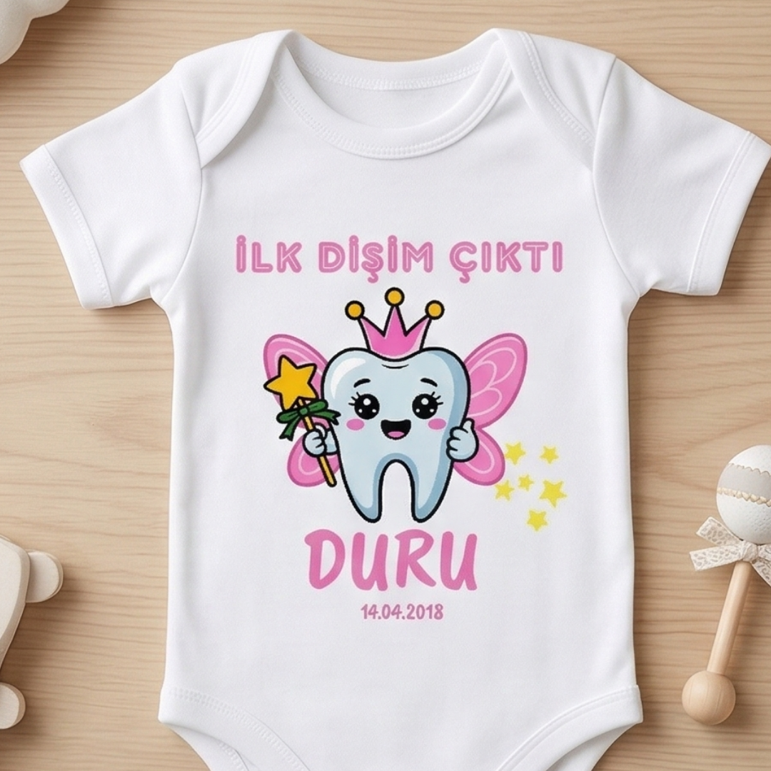 İsim Yazılı İlk Dişim Çıktı Diş Buğdayı Partisi Zıbını - %100 Pamuklu Bebek Body