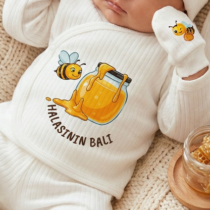 Halasının Balı Baskılı Bebek Hastane Çıkış Seti 5 li Zıbın Set %100 Pamuk